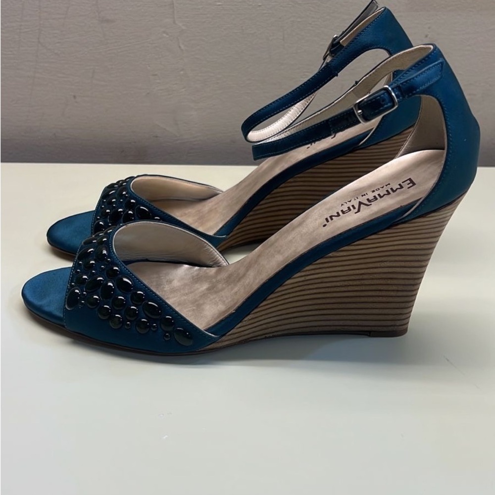 Blue Wedge Sandals With Braided Strap And Adjustable Ankle